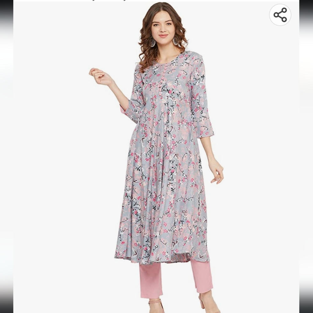 Tissu Kurta large Aline ,round neck 3/4 sleeve dress grey and pink floral print